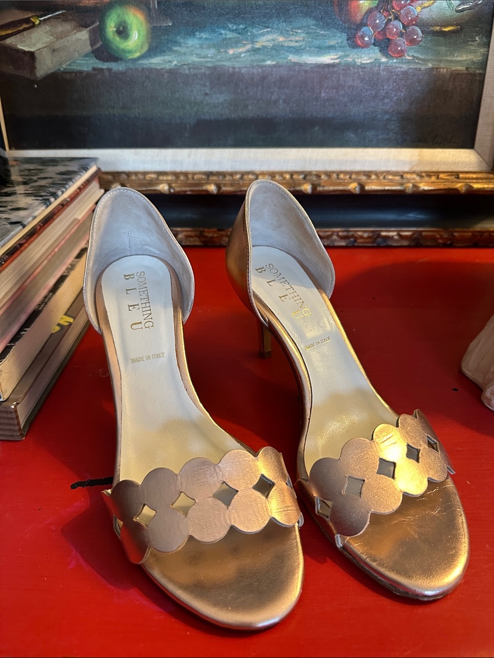 Something Bleu Bridal Metallic Rose Gold Open-Toe Heels